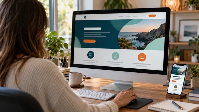 Femme travaillant sur un site web d'agence digitale affiché sur ordinateur et smartphone, illustrant un design responsive.