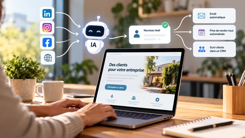 Illustration de la génération de leads avec l’intelligence artificielle : collecte de prospects, emails automatiques, prise de rendez-vous et suivi CRM pour une petite entreprise.