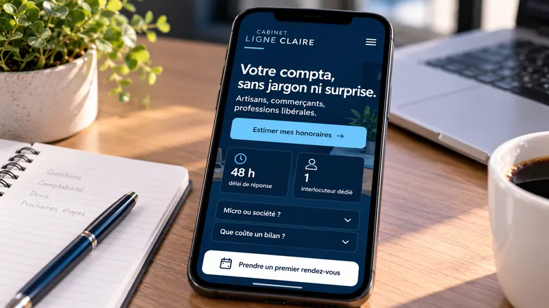 Maquette du site internet Cabinet Ligne Claire sur smartphone, avec estimation des honoraires et prise de rendez-vous en ligne.