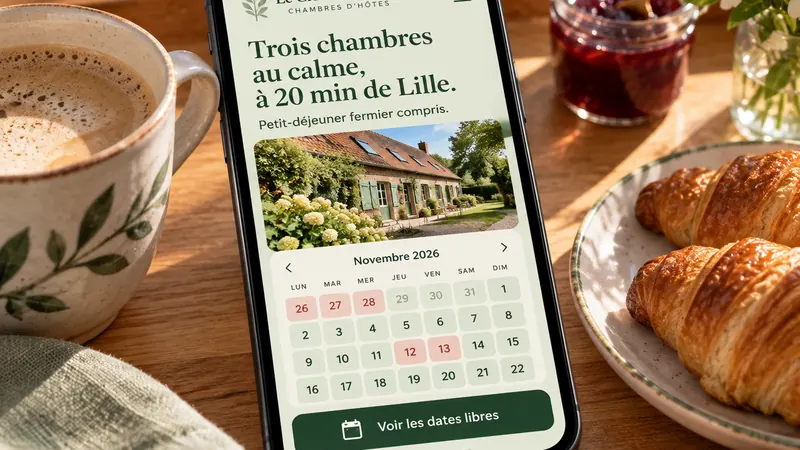 Maquette de site internet pour chambres d’hôtes Le Clos des Saules sur smartphone, avec calendrier des disponibilités et bouton de réservation.