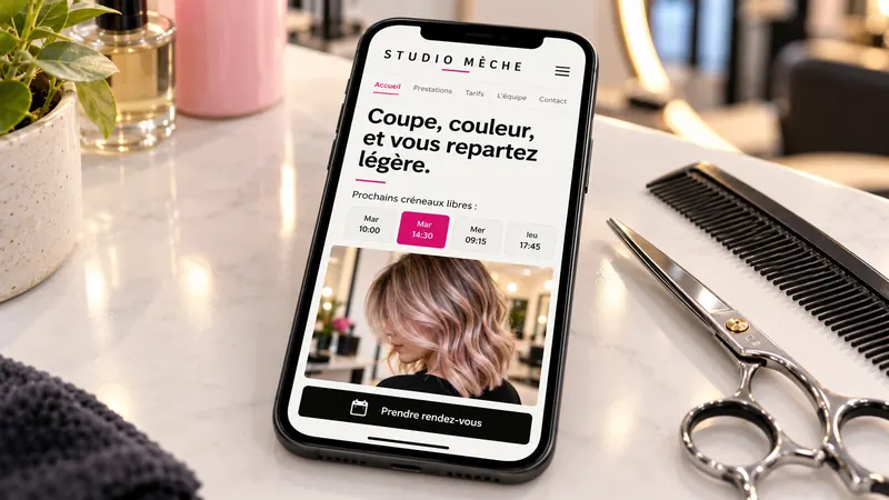 Maquette de site internet pour salon de coiffure Studio Mèche sur smartphone, avec créneaux de réservation en ligne.