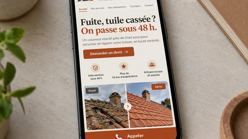 Maquette mobile du site Atelier Ardoise, artisan couvreur, avec demande de devis et photos avant après de toiture.