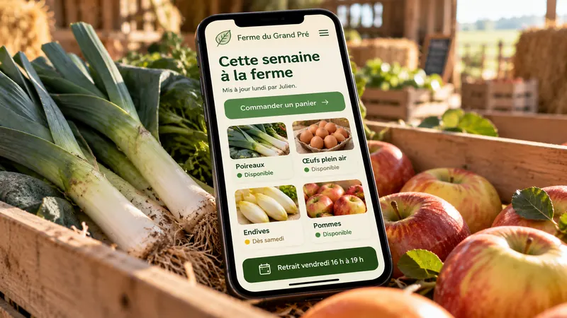 Maquette du site internet Ferme du Grand Pré sur smartphone, présentant des produits fermiers, la commande de paniers et le retrait à la ferme.