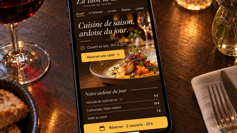 Maquette mobile du site La Table de Lucie, restaurant proposant une cuisine de saison avec réservation en ligne et carte du jour.
