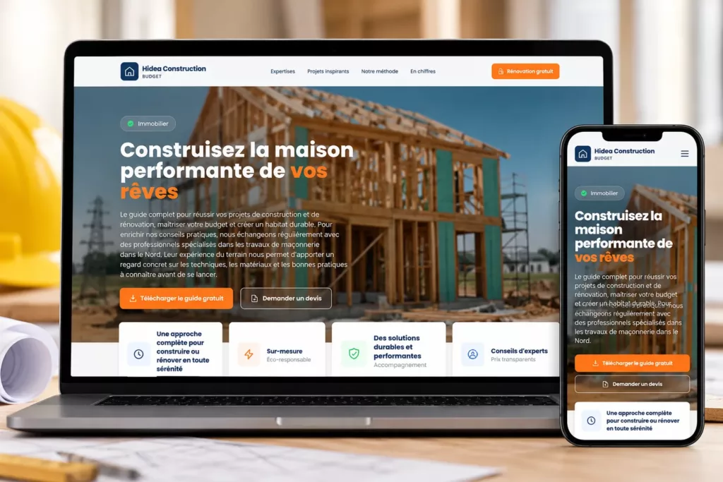 Mockup du site internet Hidea Construction consacré à la construction et à la rénovation de maisons, présenté sur ordinateur portable et smartphone.