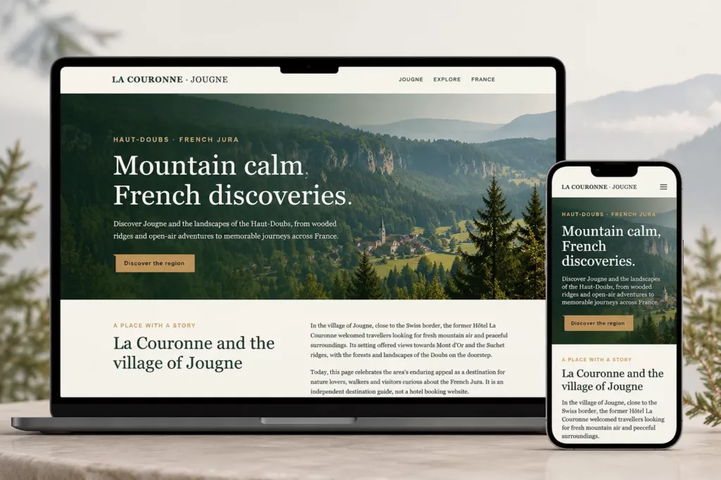 Mockup d’un site statique HTML consacré à La Couronne à Jougne, présenté sur ordinateur et smartphone, avec un design responsive dédié au tourisme dans le Haut-Doubs.