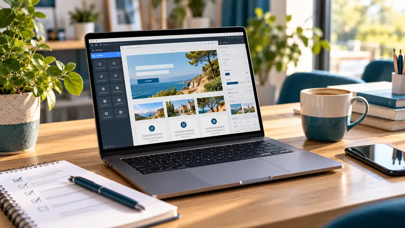 Ordinateur portable affichant un constructeur visuel pour modifier un site internet, sur un bureau lumineux avec carnet et tasse de café.