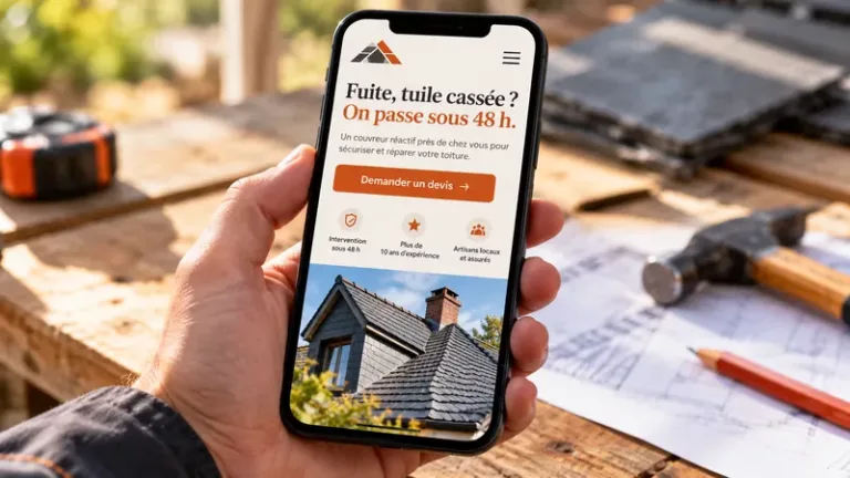 Main tenant un smartphone affichant le site internet d'un artisan couvreur avec bouton de demande de devis, devant un établi de toiture.