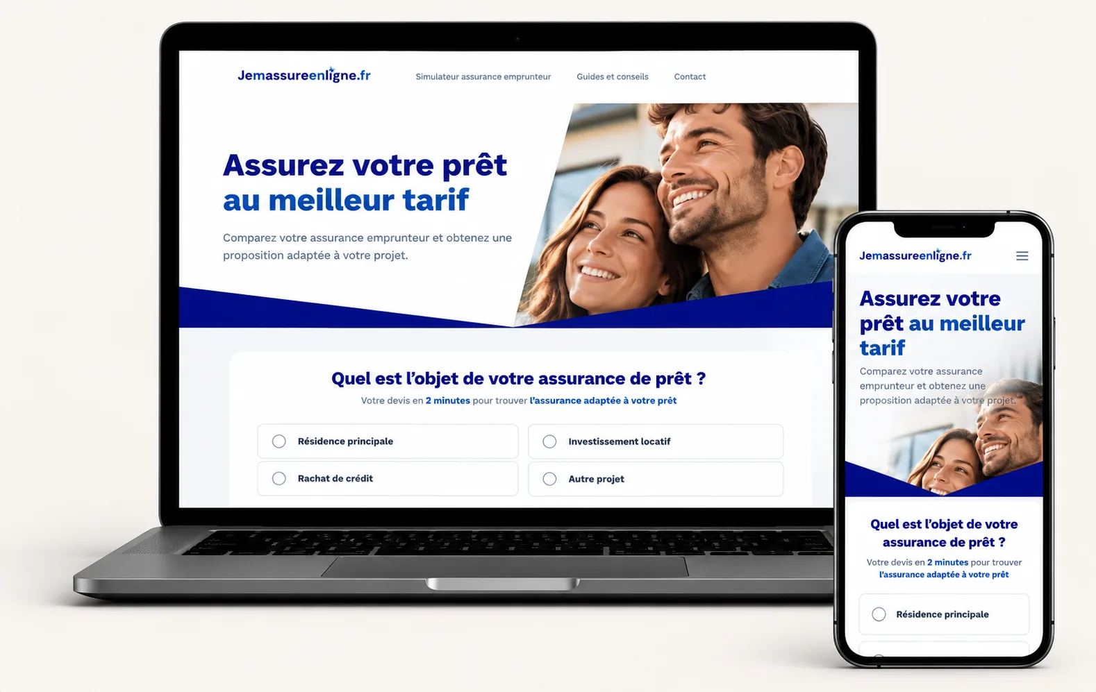 Site Je M’Assure En Ligne, courtier en assurance de prêt à Villeneuve-d’Ascq, sur ordinateur et smartphone