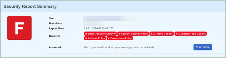 Résultat Security Headers d’un site noté F, aucun des six en-têtes de sécurité présent, nom et adresse floutés